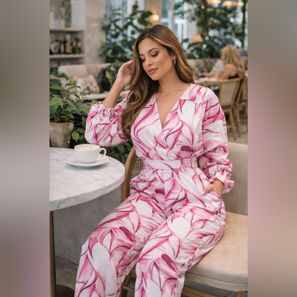 Pink Abstract Print Belted Jumpsuit Long Sleeve Statement Romper Boutique